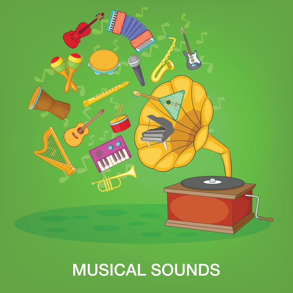Musical instruments green concept, cartoon style vector