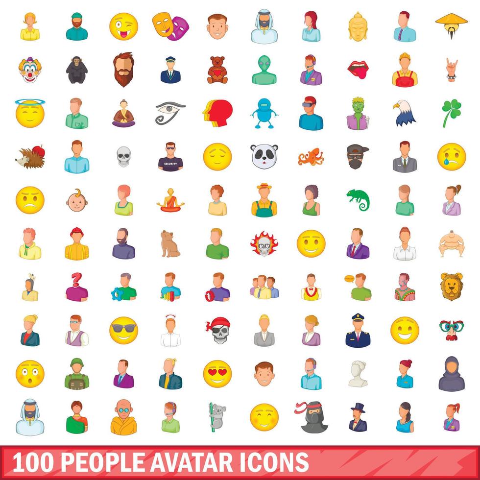 100 people avatar icons set, cartoon style vector