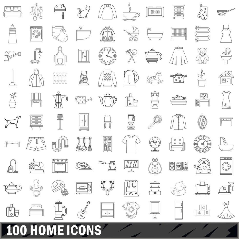 100 home icons set, outline style vector