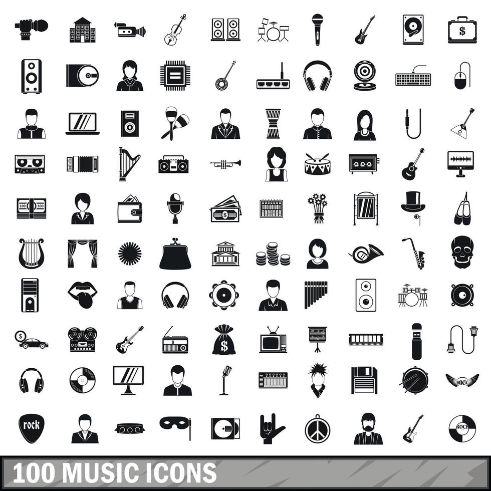 100 iconos de música, estilo simple vector