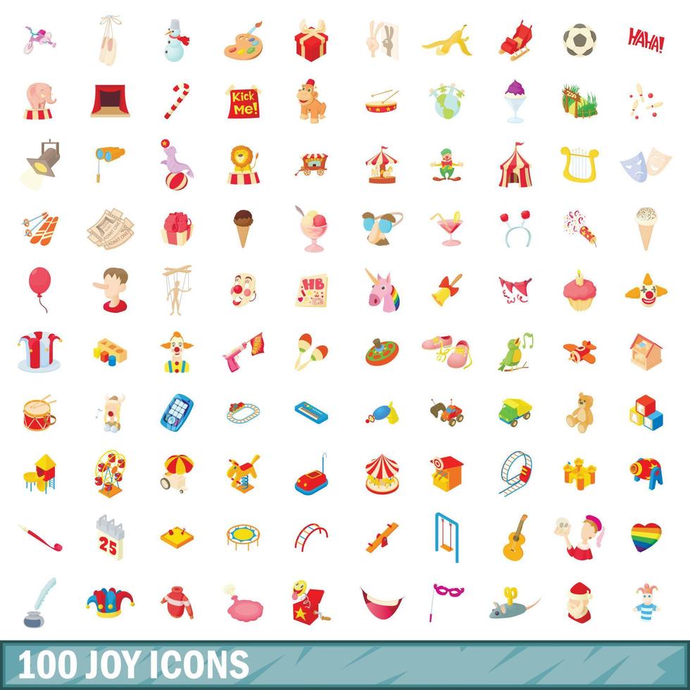 100 joy icons set, cartoon style vector