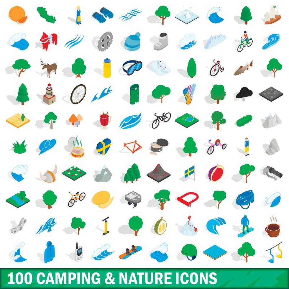 100 iconos de naturaleza para acampar, estilo isométrico 3d vector