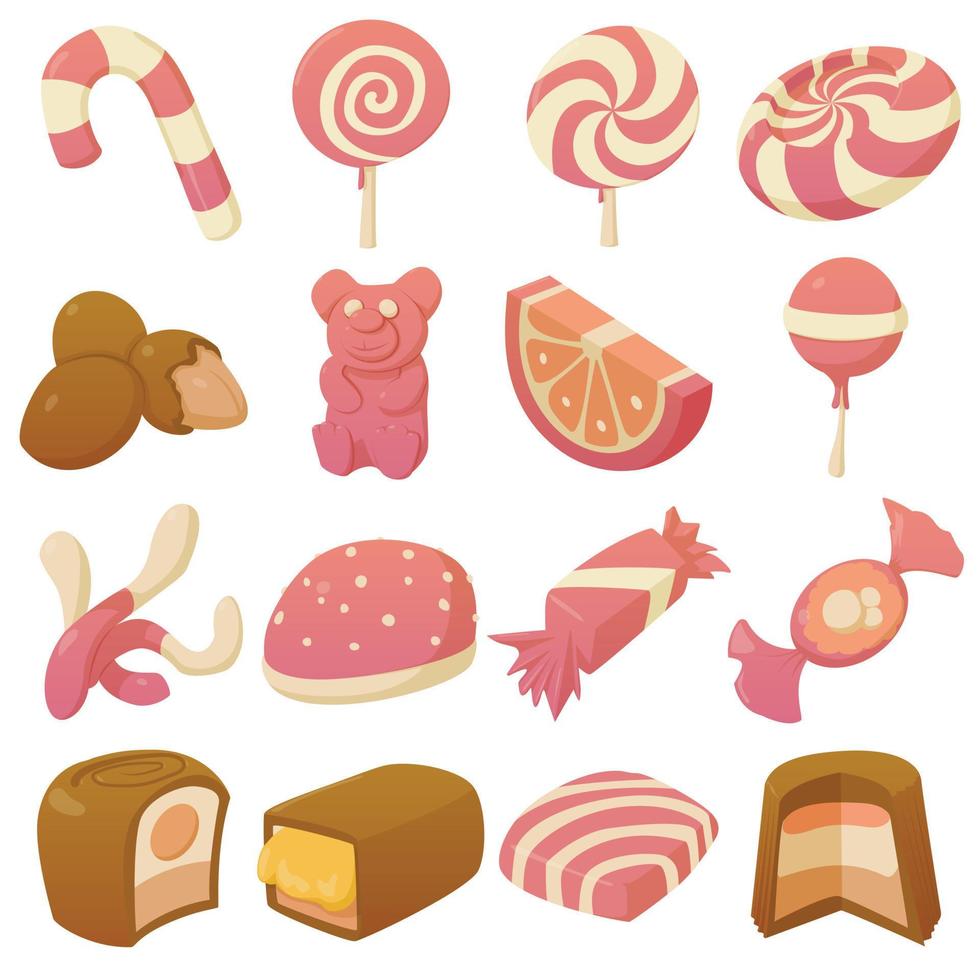 Conjunto de iconos de dulces y golosinas, estilo de dibujos animados vector