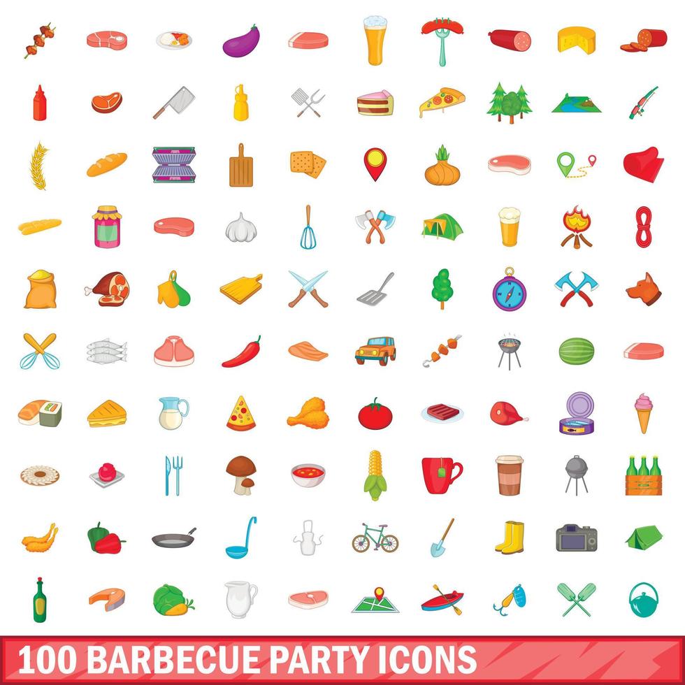 100 barbecue party icons set, cartoon style vector