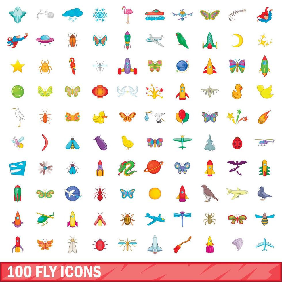 100 moscas, conjunto de iconos de estilo de dibujos animados vector