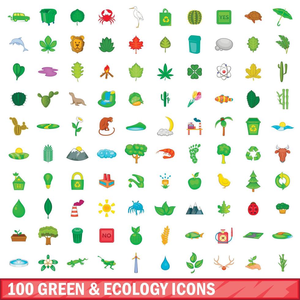 100 iconos verdes y ecológicos, estilo de dibujos animados vector