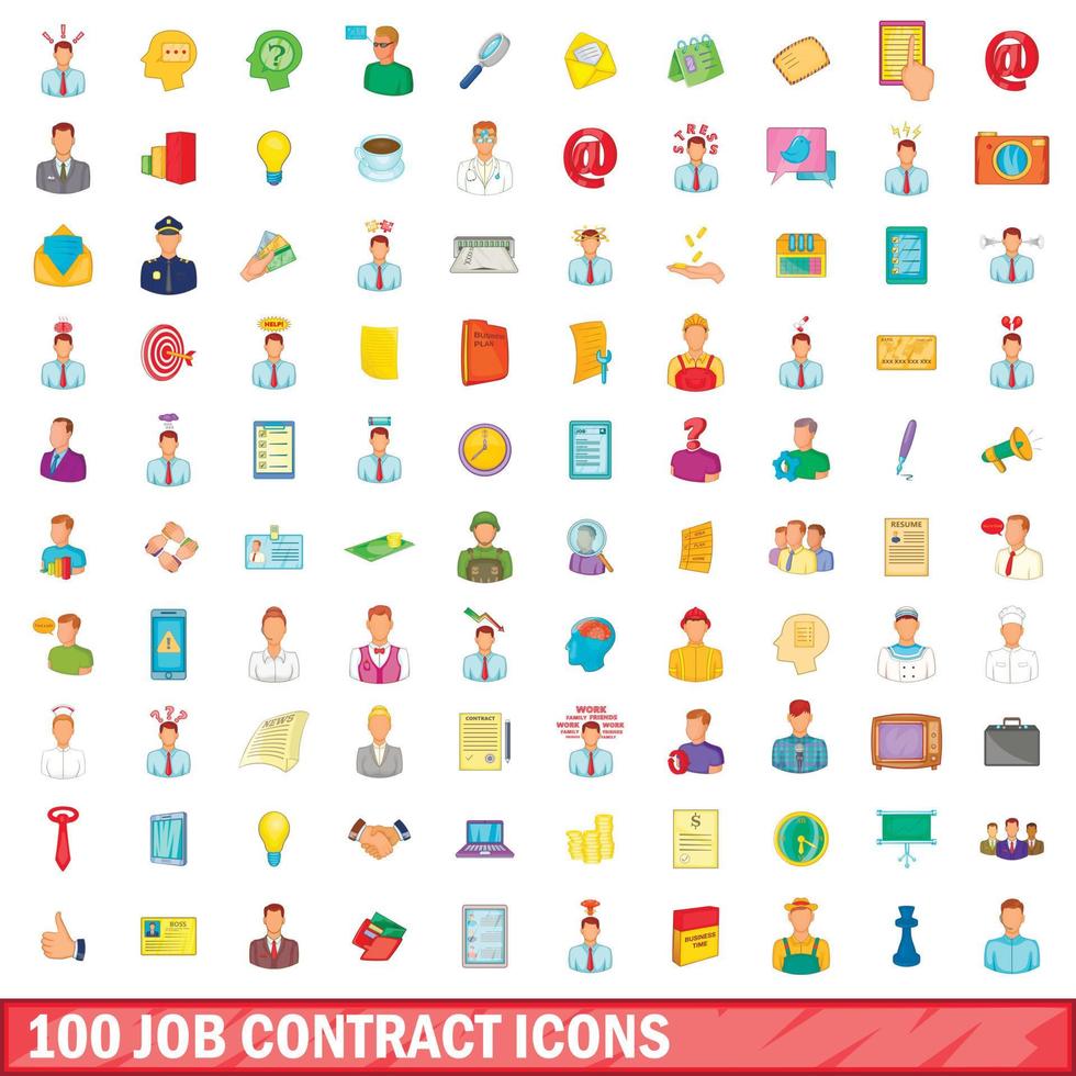 100 iconos de contrato de trabajo, estilo de dibujos animados vector