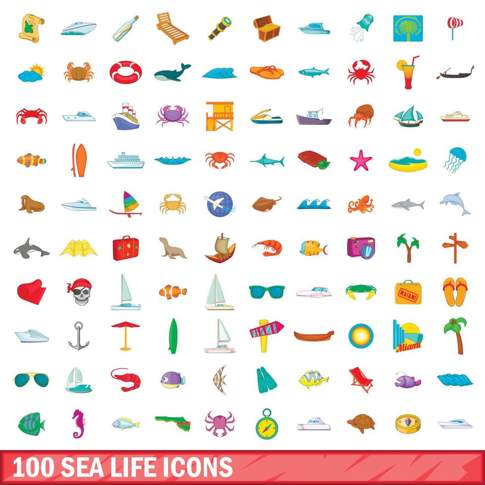 100 sea life icons set, cartoon style vector