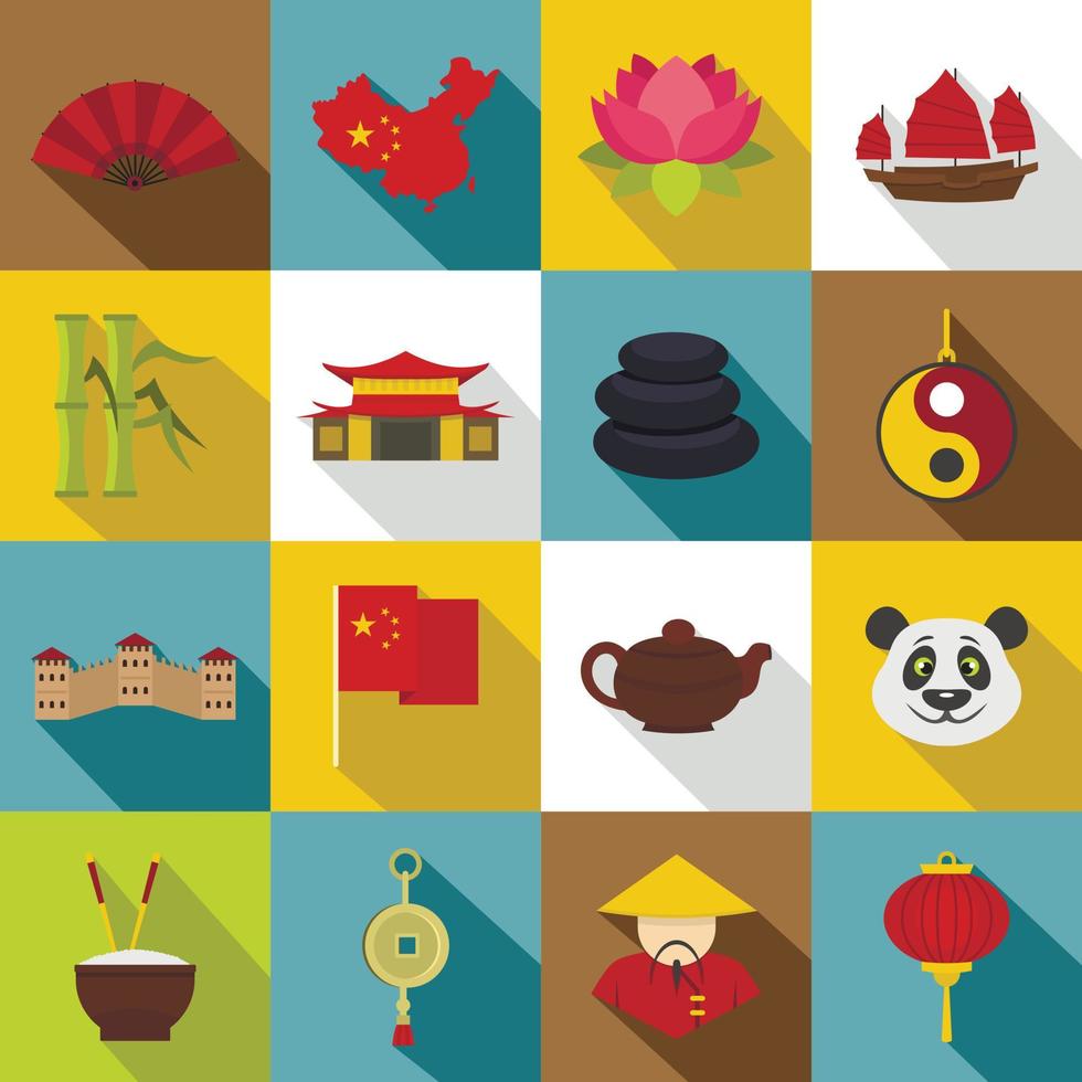 conjunto de iconos de símbolos de viaje de china, estilo plano vector