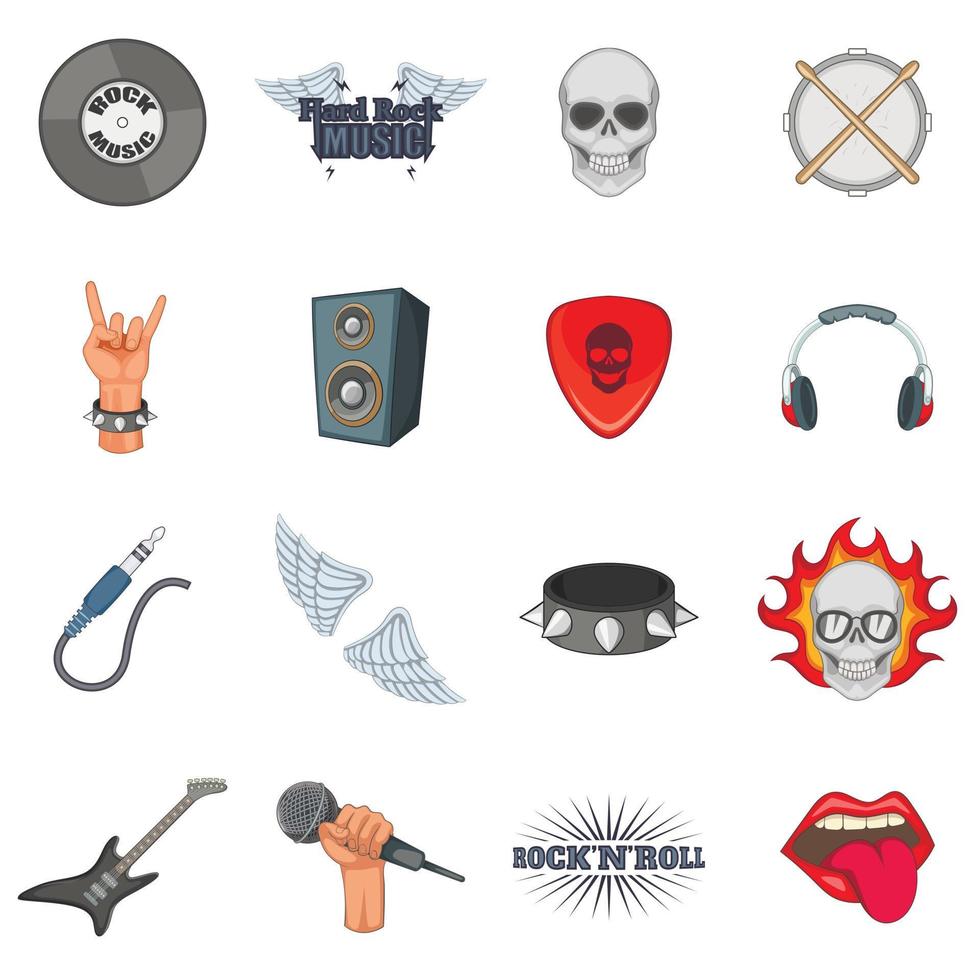conjunto de iconos de música rock, estilo de dibujos animados vector