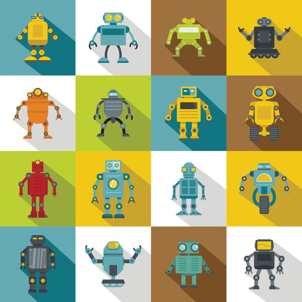 Robot icons set, flat style vector