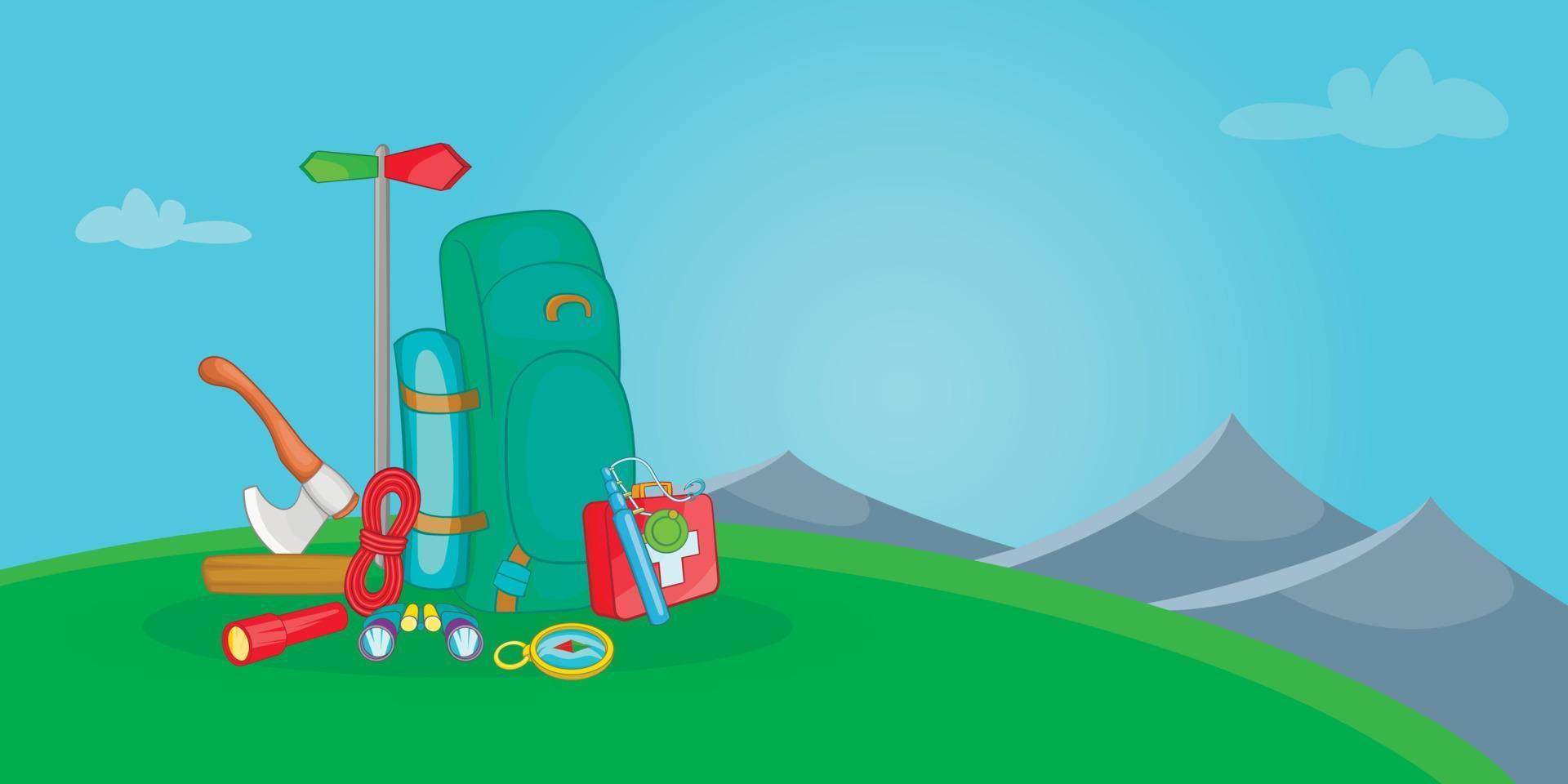Camping horizontal banner hill, cartoon style vector