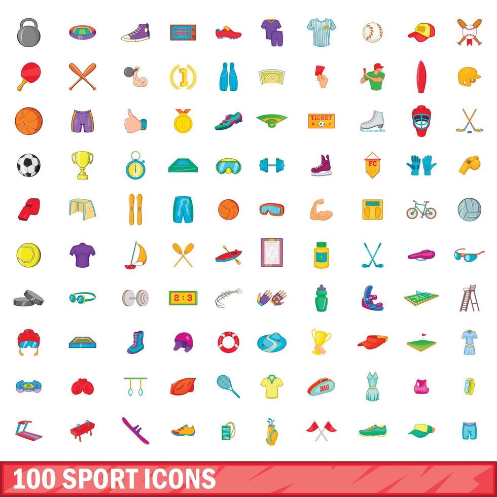 100 iconos deportivos, estilo de dibujos animados vector