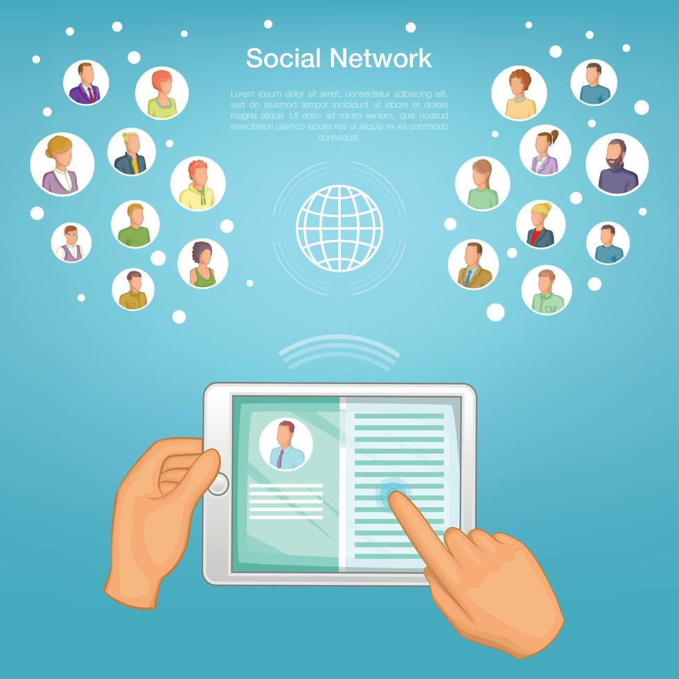 Social network concept tablet, cartoon style vector