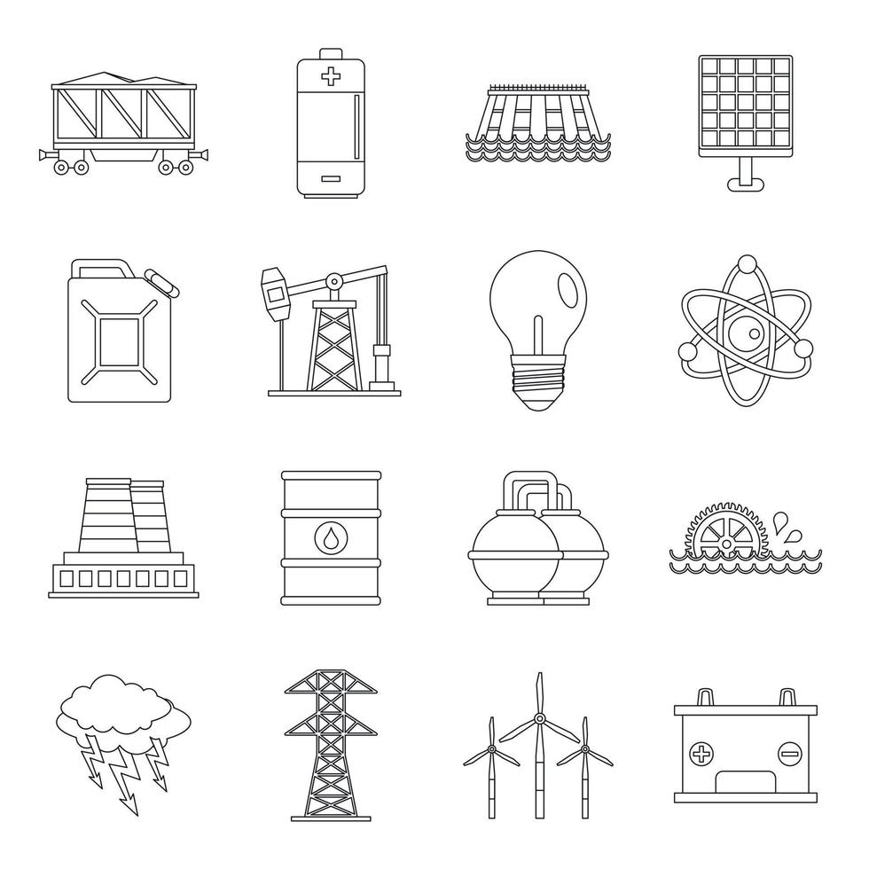 Energy sources items icons set, outline style vector