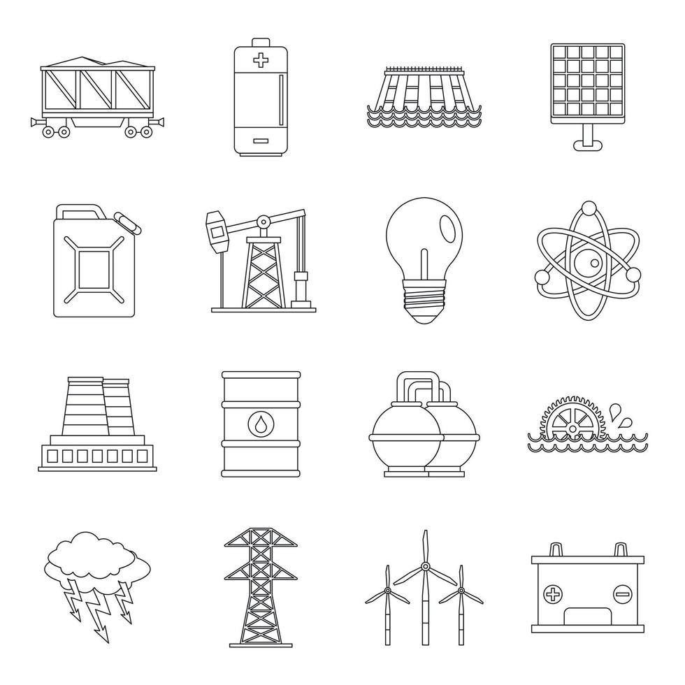 Energy sources items icons set, outline style vector