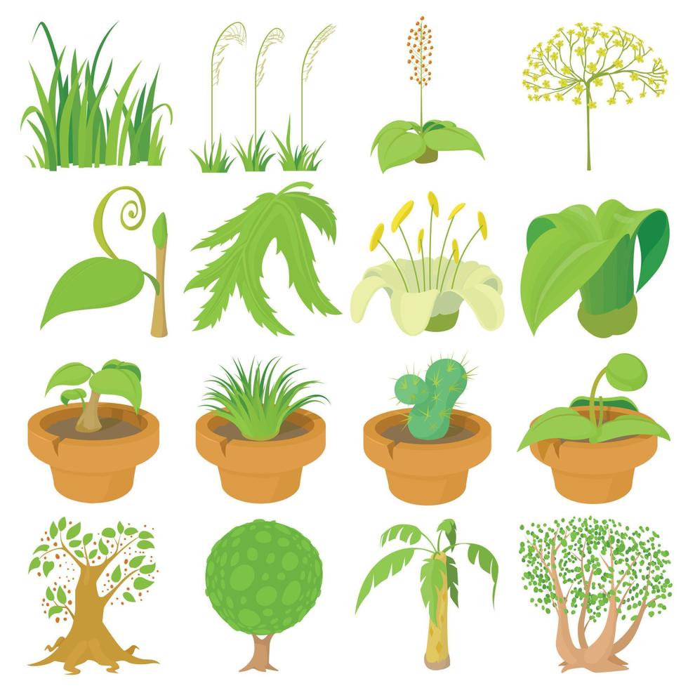 Nature green symbols icons set, cartoon style vector