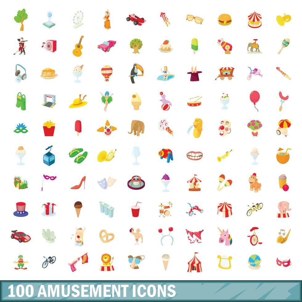 100 iconos de diversión, estilo de dibujos animados vector