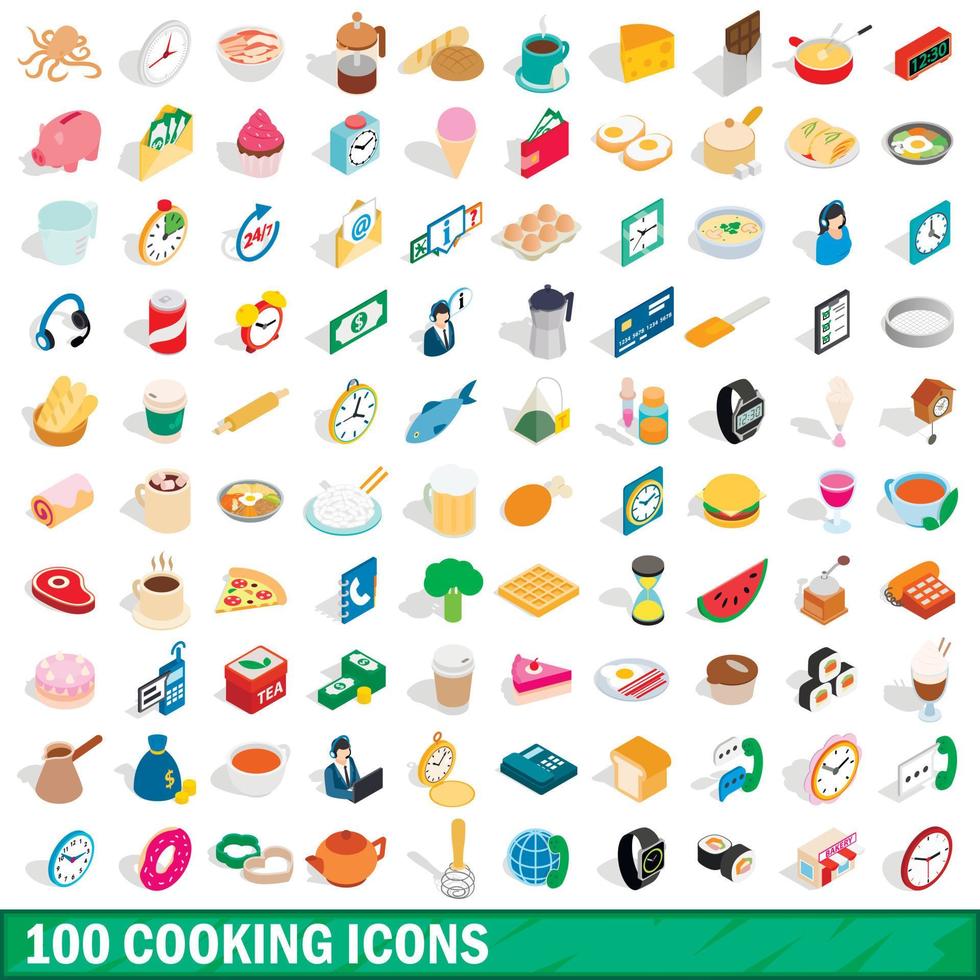 100 cooking icons set, isometric 3d style vector