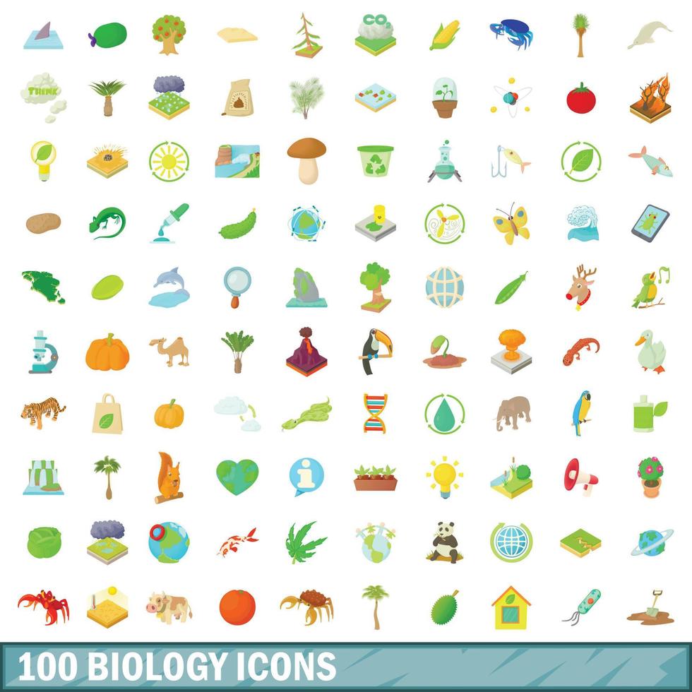 100 conjunto de iconos de biología, estilo de dibujos animados vector