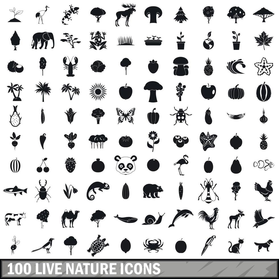 100 live nature icons set in simple style vector