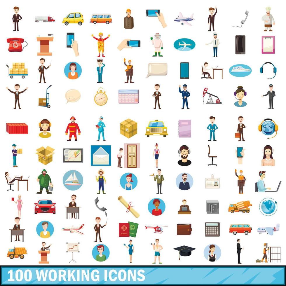 100 working icons set, cartoon style vector