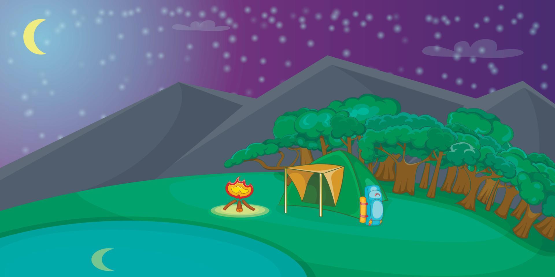 Camping horizontal banner night, cartoon style vector