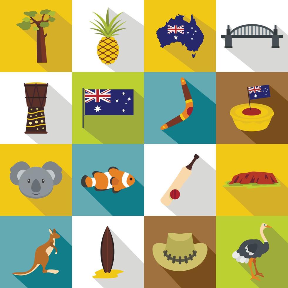 Australia travel icons set, flat style vector