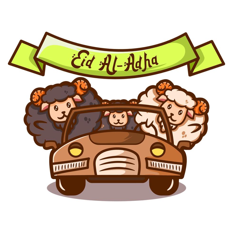 linda ilustración de tres ovejas conduciendo un automóvil para eid al adha mubarak saludo estilo dibujado a mano vector