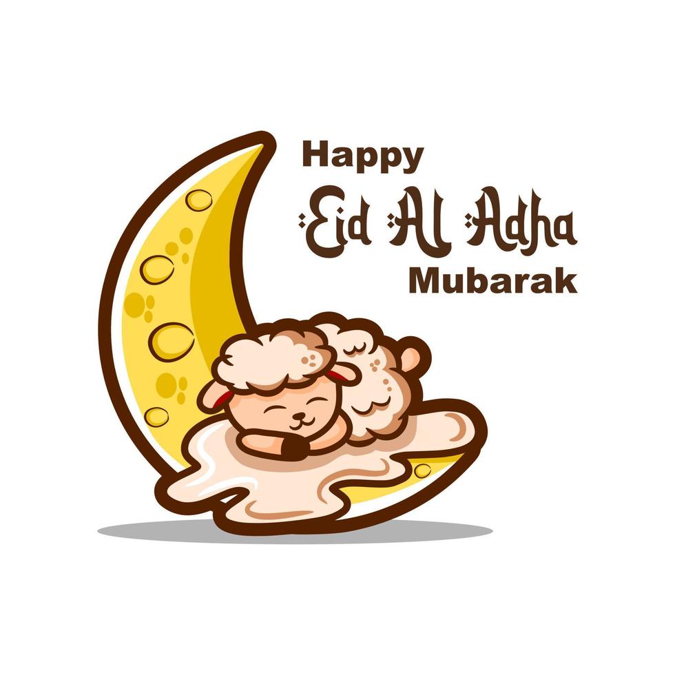 cute sleeping sheep on the moon eid al adha mubarak hand drawn vector