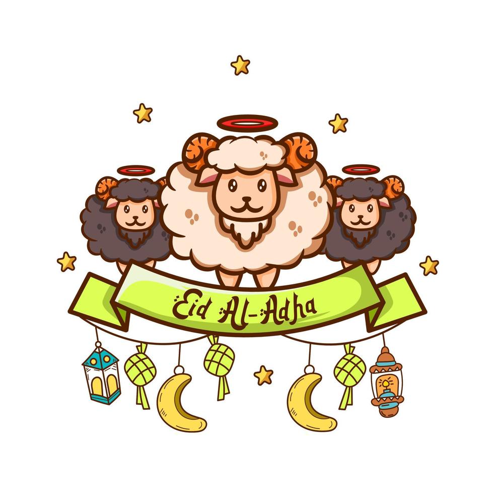 illustration of cute three sheep sheep with eid al adha mubarak ribbon with lantern hand drawn style vector