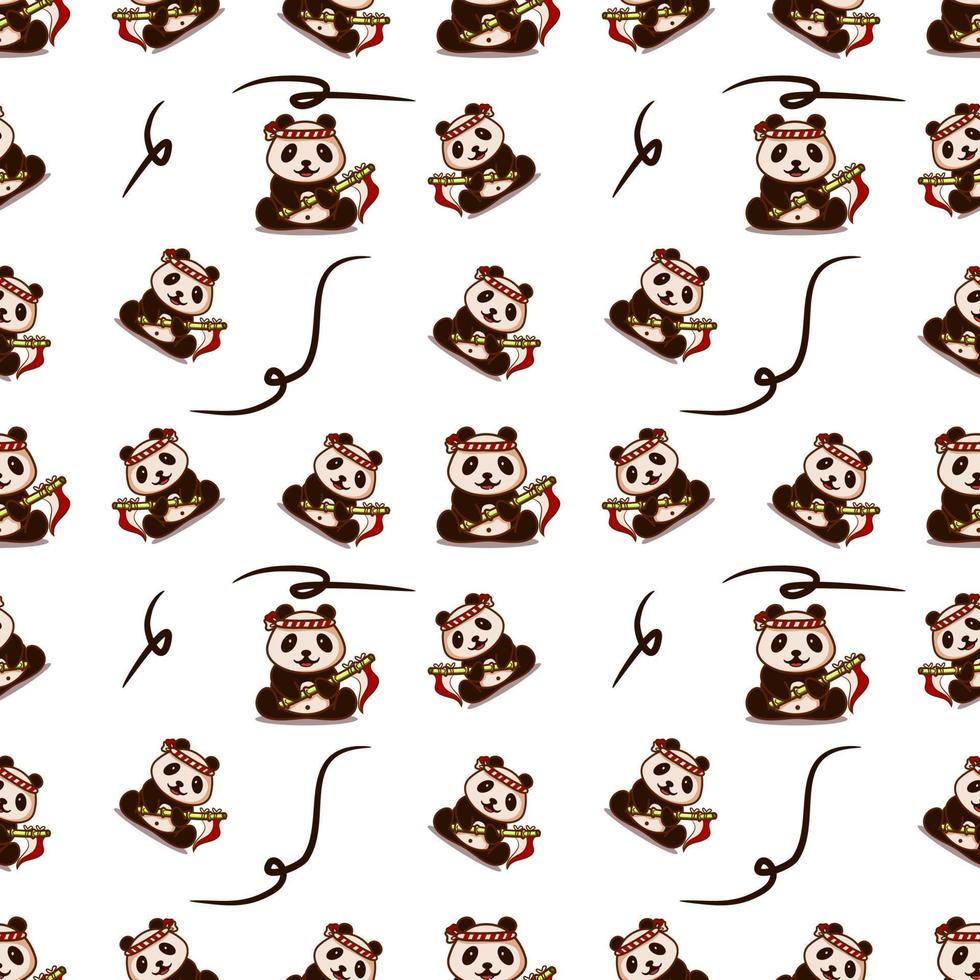 cute illustration of a panda wearing a headband holding a flag seamless pattern vector