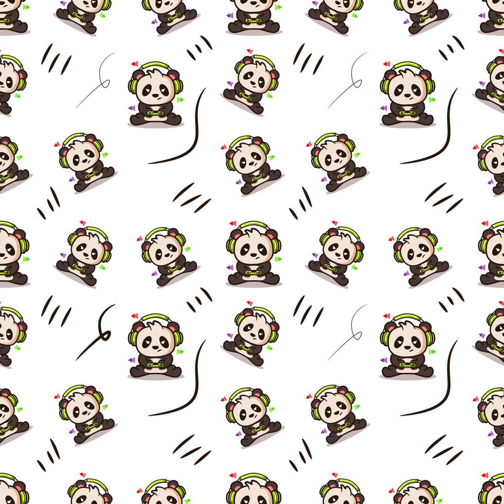 cute illustration of a panda playing a game using headphones seamless pattern vector