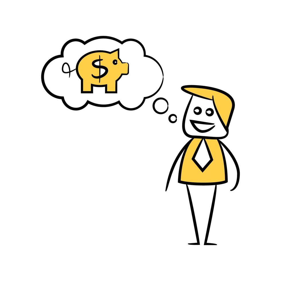 businessman thinking of piggy bank yellow stick figure illustration vector