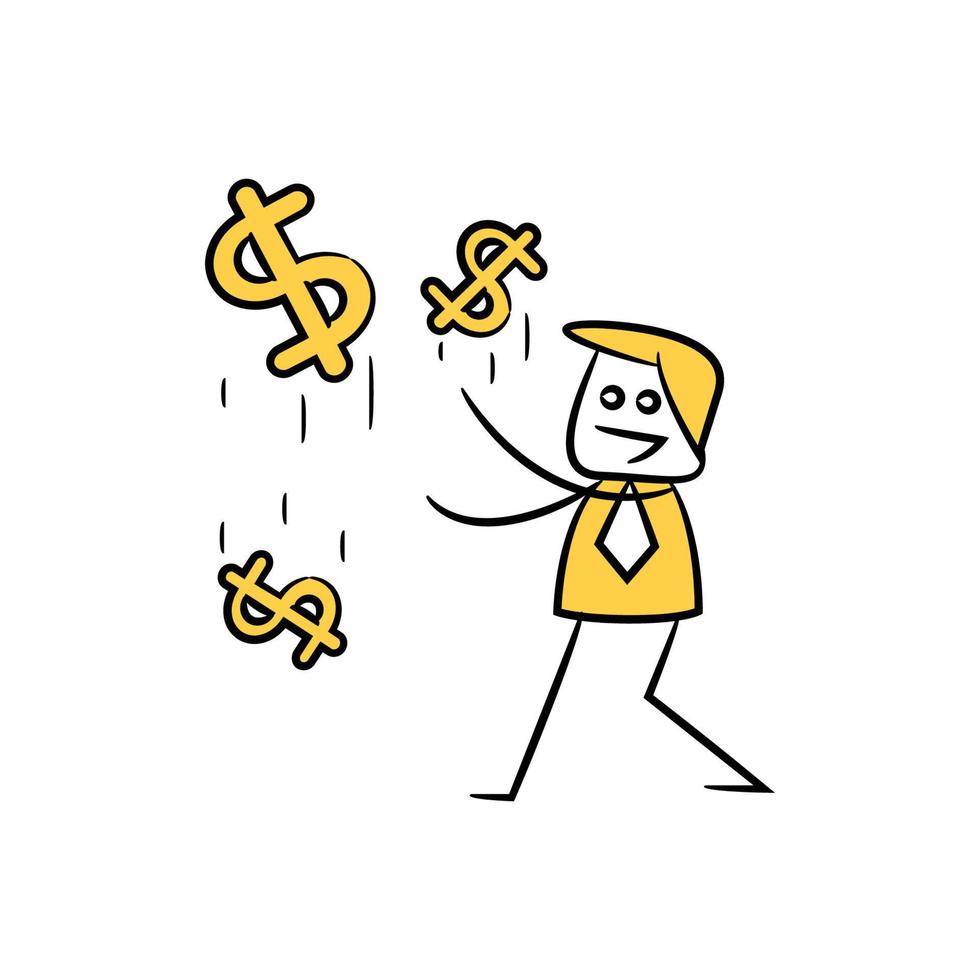 businessman and falling dollar yellow stick figure illustration vector