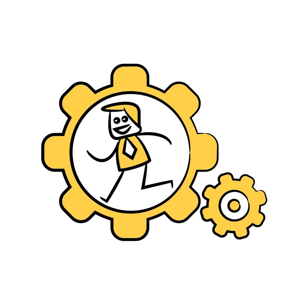 businessman running on gears yellow stick figure illustration vector