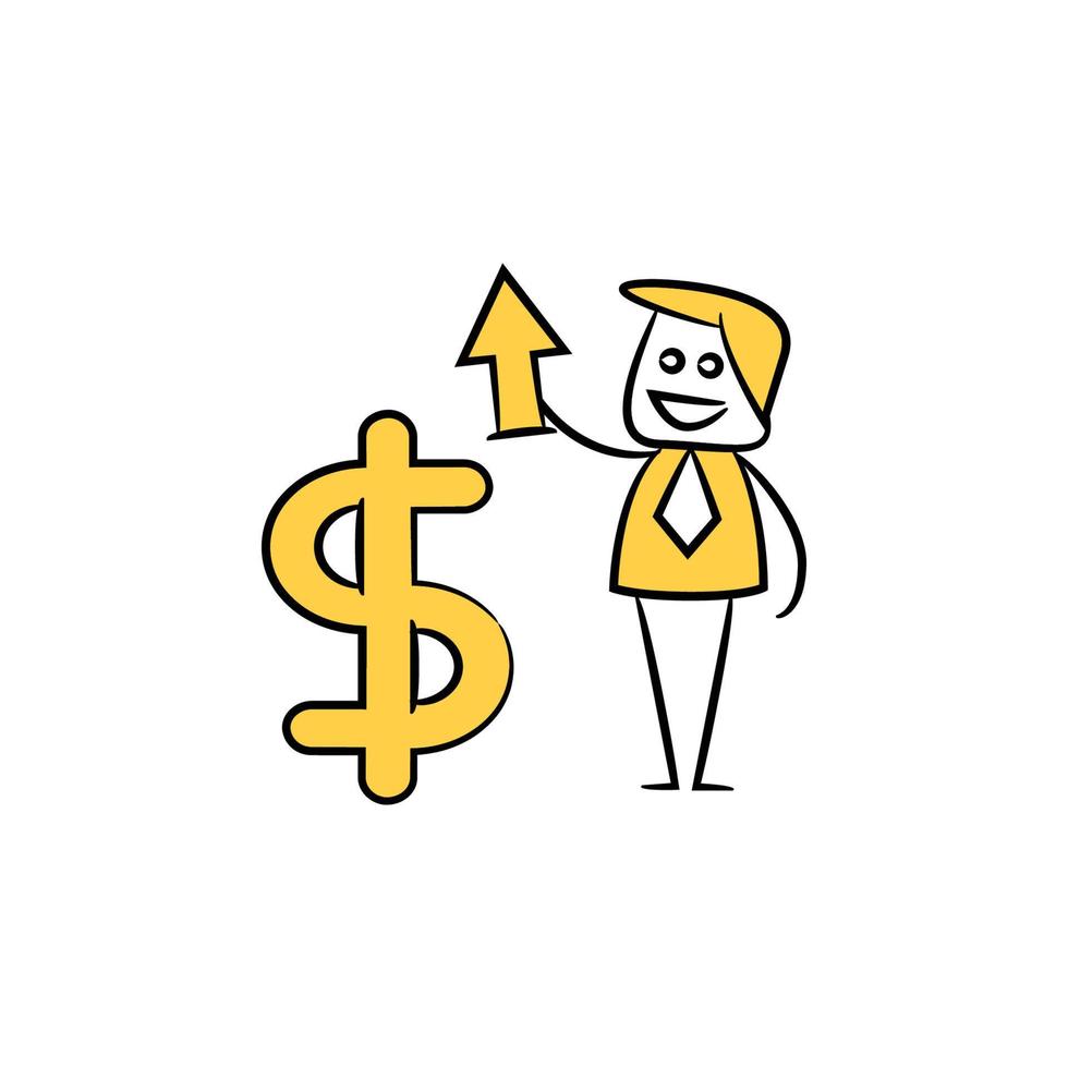 businessman character and dollar yellow stick figure illustration vector