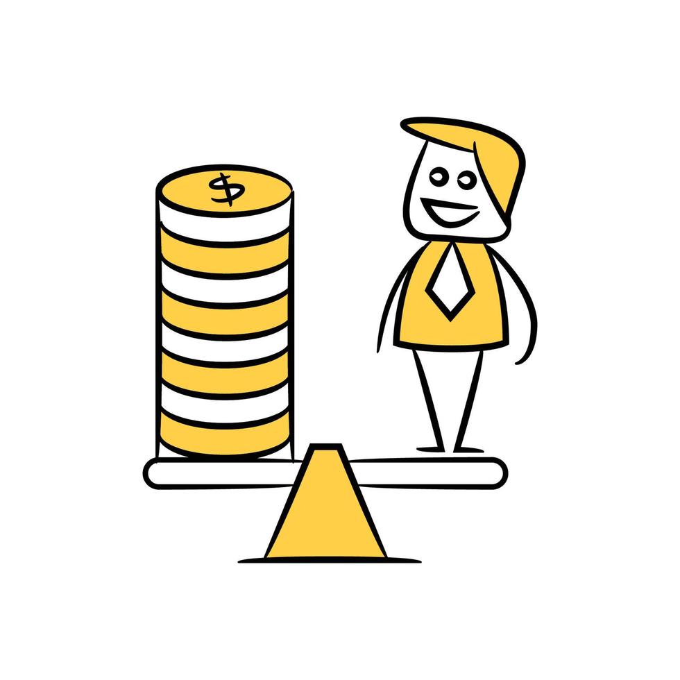 hombre de negocios y monedas de dinero en balanzas ilustración de figura de palo amarillo vector