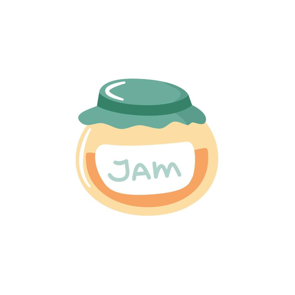 Cartoon hand drawn jam jar.  Fruit or berry jam in glass jar. Flat vector illustration.