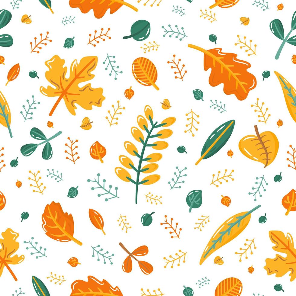Hand drawn fall leaves vector seamless pattern. Autumn yellow, orange and green foliage. Flat illustration in cartoon style.