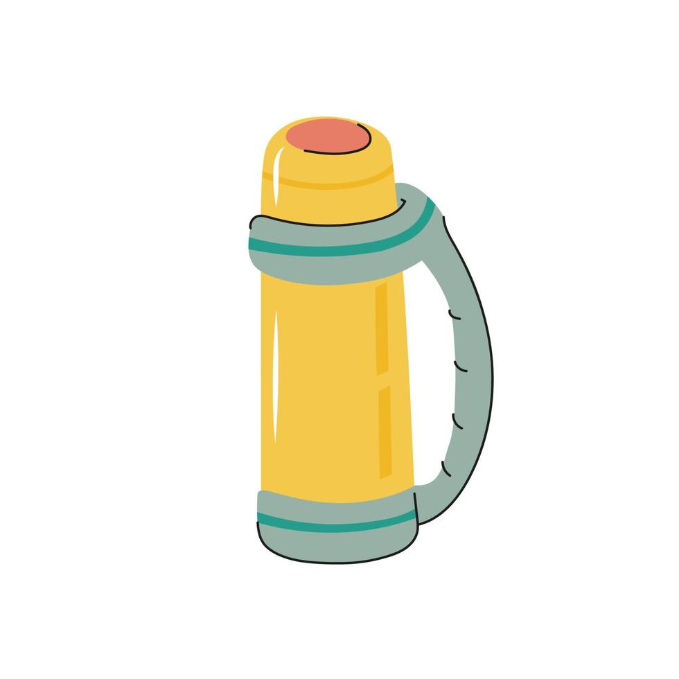 Cartoon hand drawn insulated bottle and tourist cup.  Kitchen utensils, equipment for camping, hiking. Flat vector illustration.