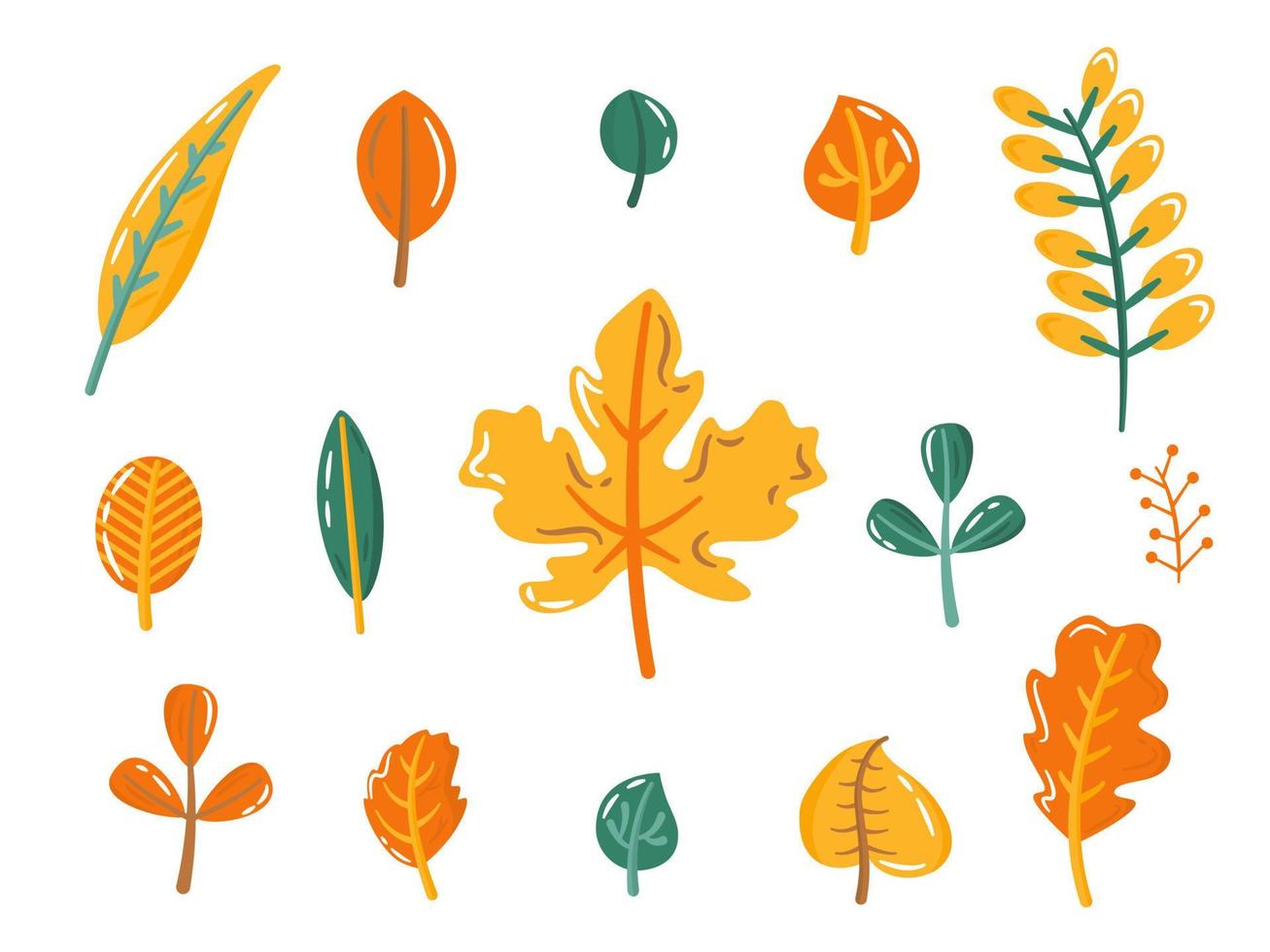 Fall leaves vector set. Autumn yellow, orange and green foliage. Flat illustration in cartoon style.