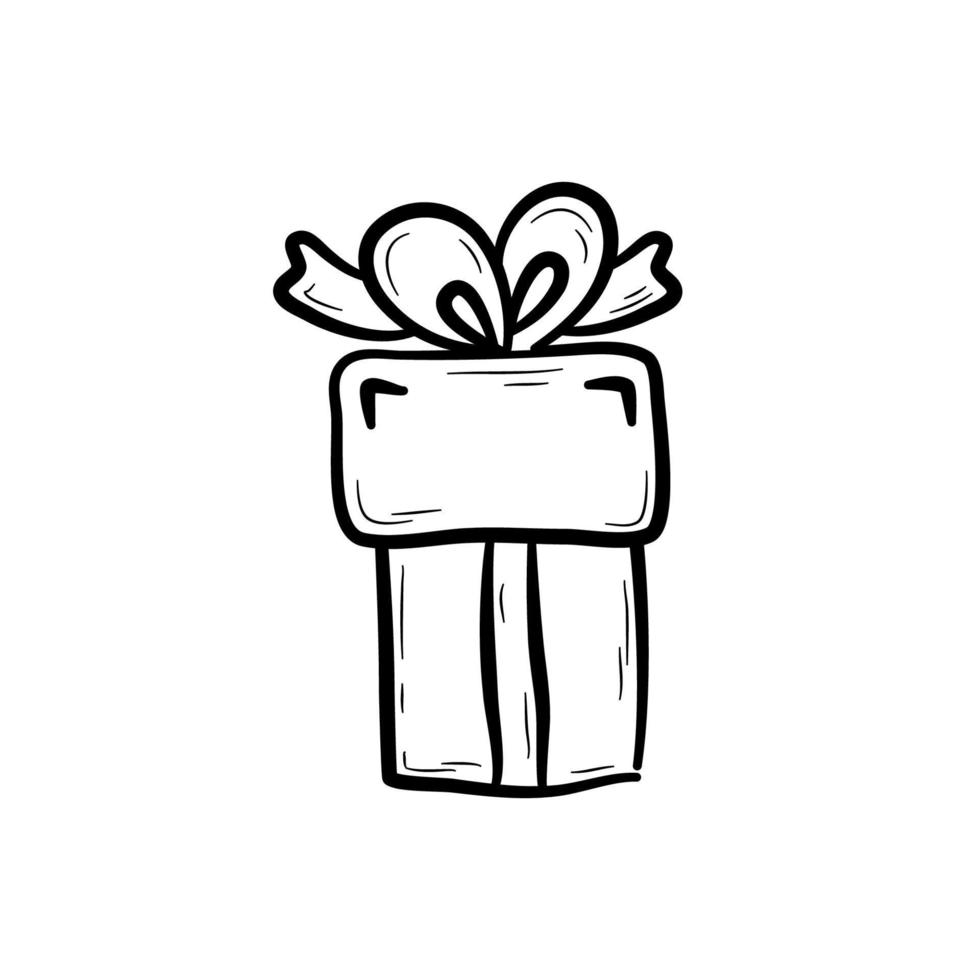 Hand drawn gift box with a bow.  Holiday present, design element for party, celebration. Flat vector illustration in doodle style.