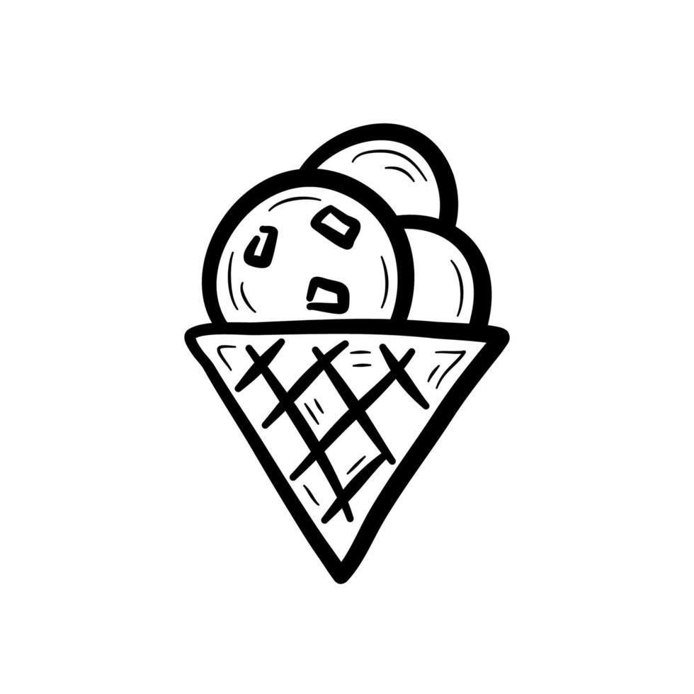 Hand drawn black and white ice cream cone. Decorative element for cafe, ice cream shop. Flat vector illustration in doodle style.