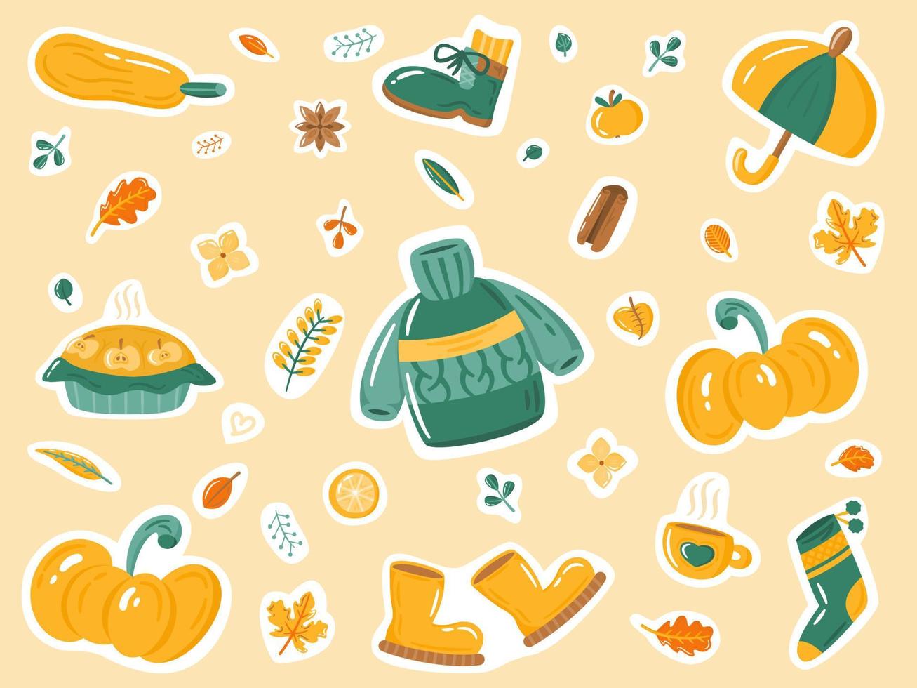 Vector sticker set of autumn elements - leaves, sweater, shoes, umbrella, vegetables, apple pie.  Design elements for organizer, diary, journal decor, scrapbooking. Flat vector illustration.