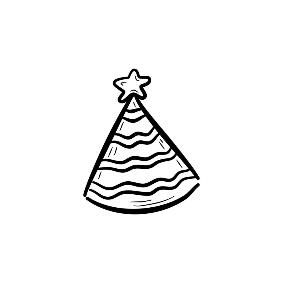 Hand drawn party hat. Conical birthday hat with stripes. Flat vector illustration in doodle style.