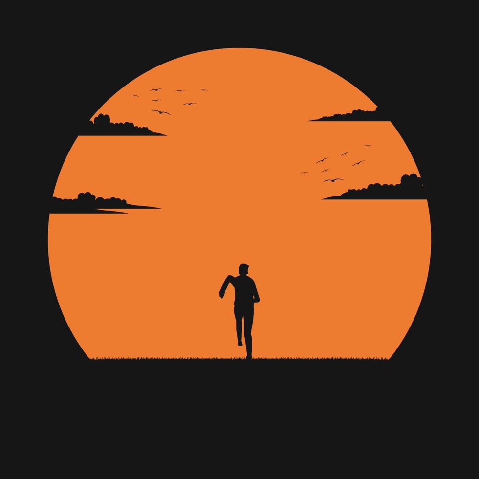 hombre de silueta corre hacia la puesta de sol vector