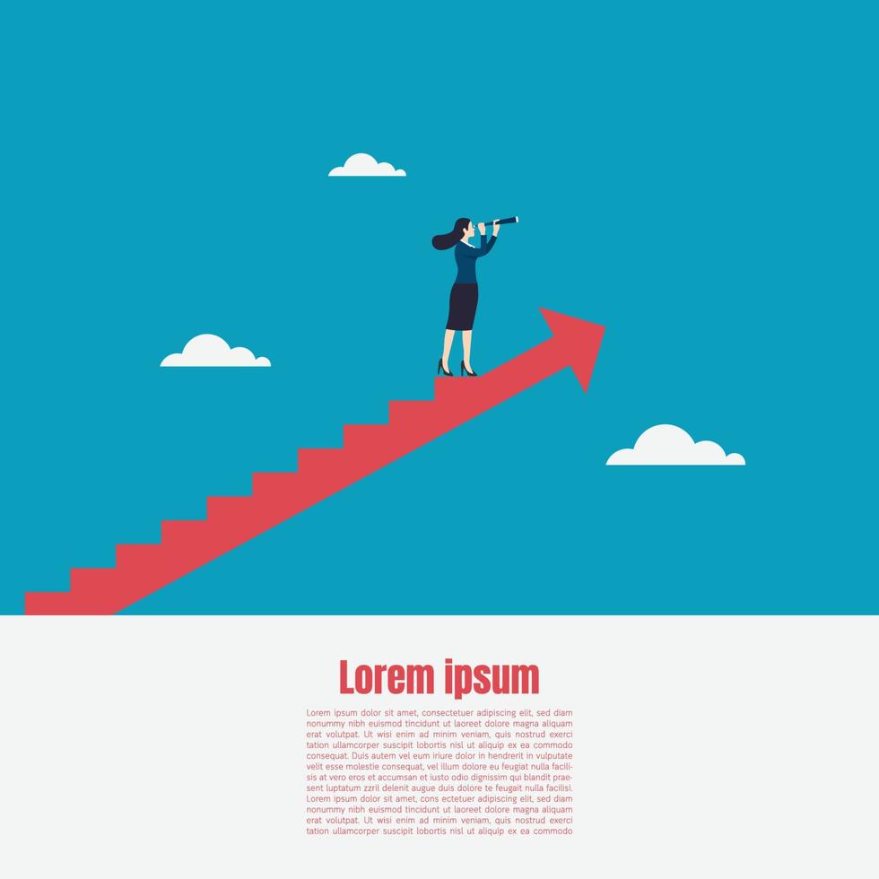 Business woman holding telescope standing on red arrow up go to success in career vector