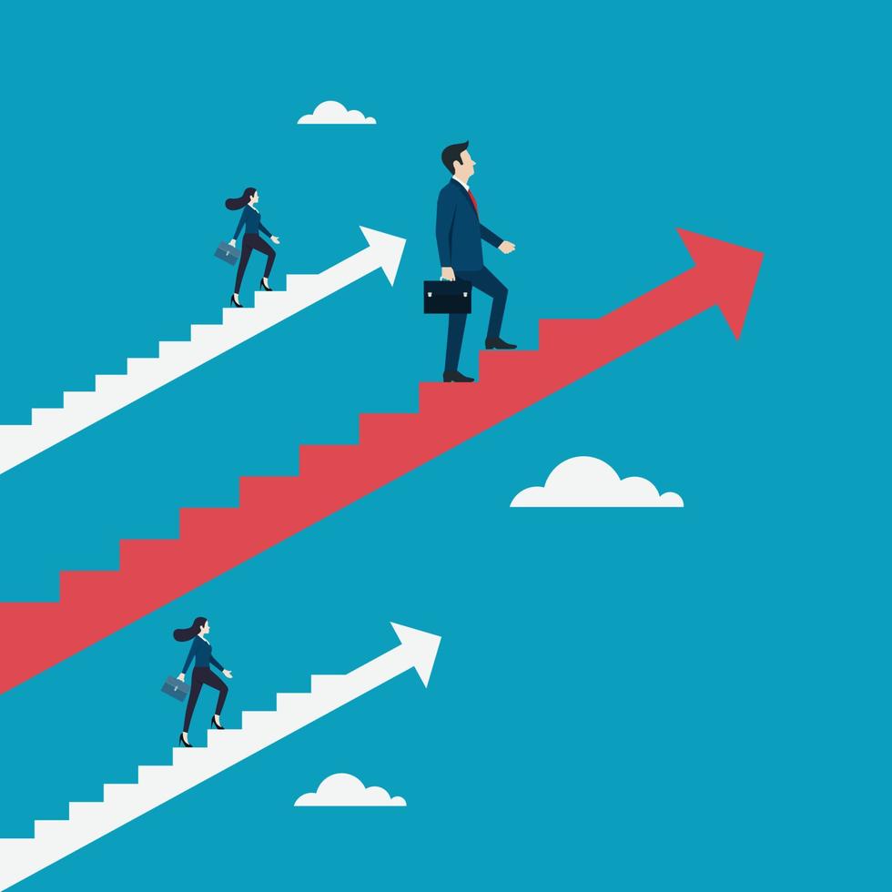 la gente de negocios que camina en la escalera de la flecha roja va al éxito en la carrera vector