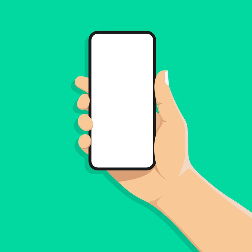 mobile phone in hand. Hand holds smartphone. Blank white screen. Touch finger. Modern flat design. Vector illustration with shadow.